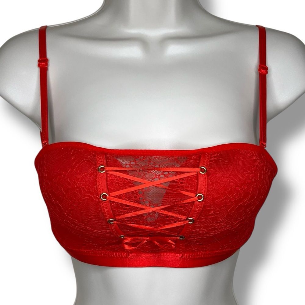 Red Lace Bralette Corset Lace Tie Up Bra Convertible Strapless Push Up Women 34C
